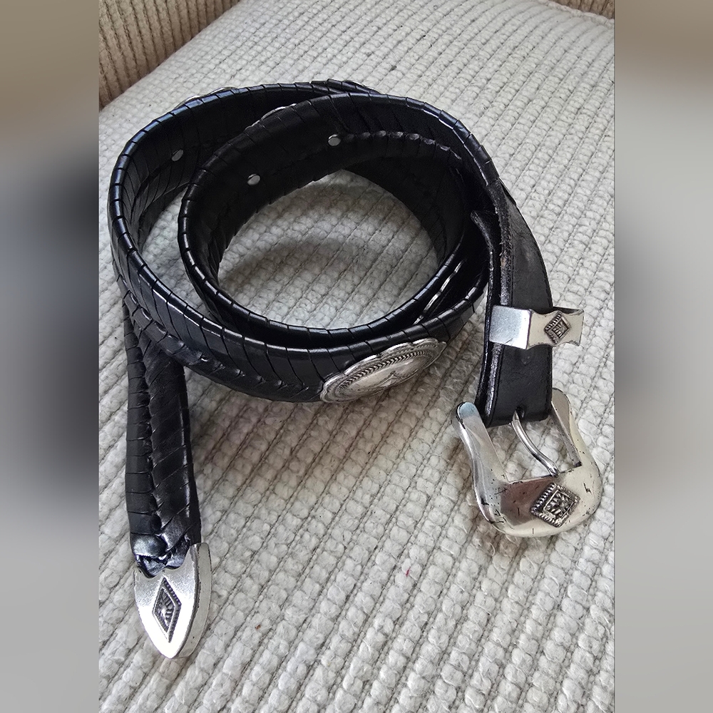 Men's Vintage Heavy Duty Black Leather Belt With Conchos Size 42